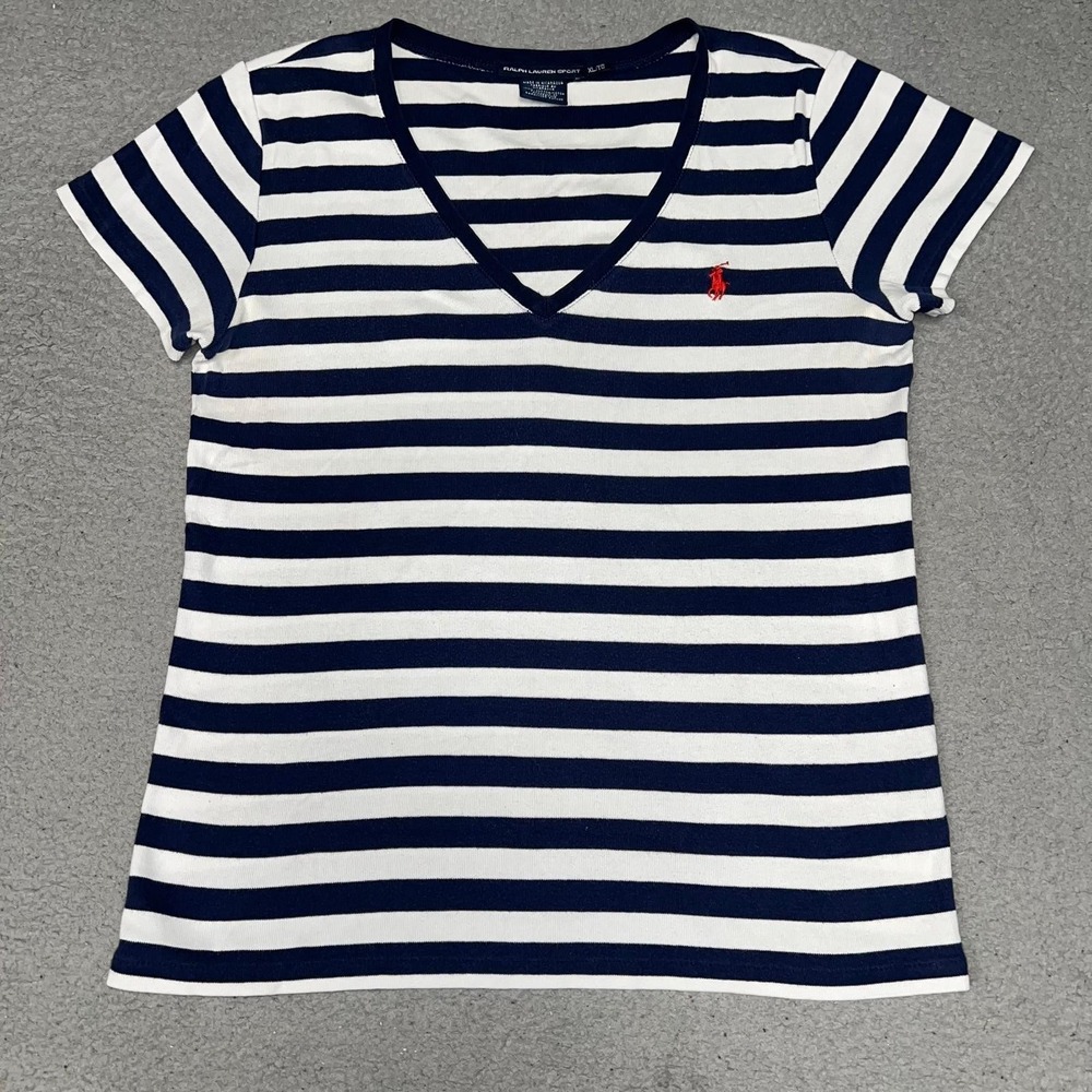 VTG Polo Ralph Lauren Sport Shirt Women XL Blue White Stripe V Neck Red Pony Top